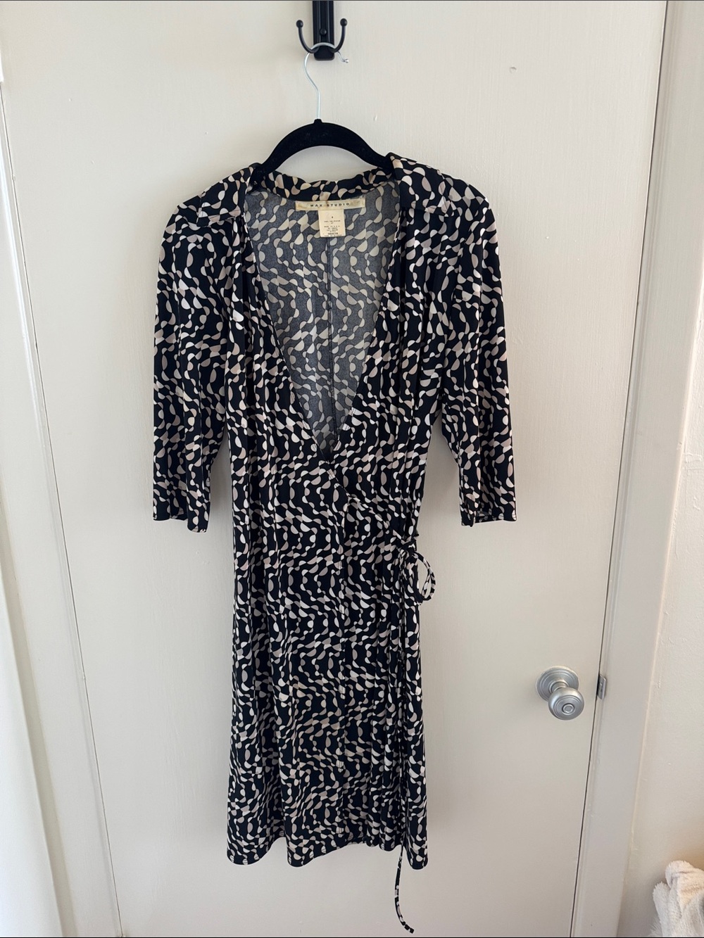 Max Studio Black & Cream Abstract Wrap Midi Dress